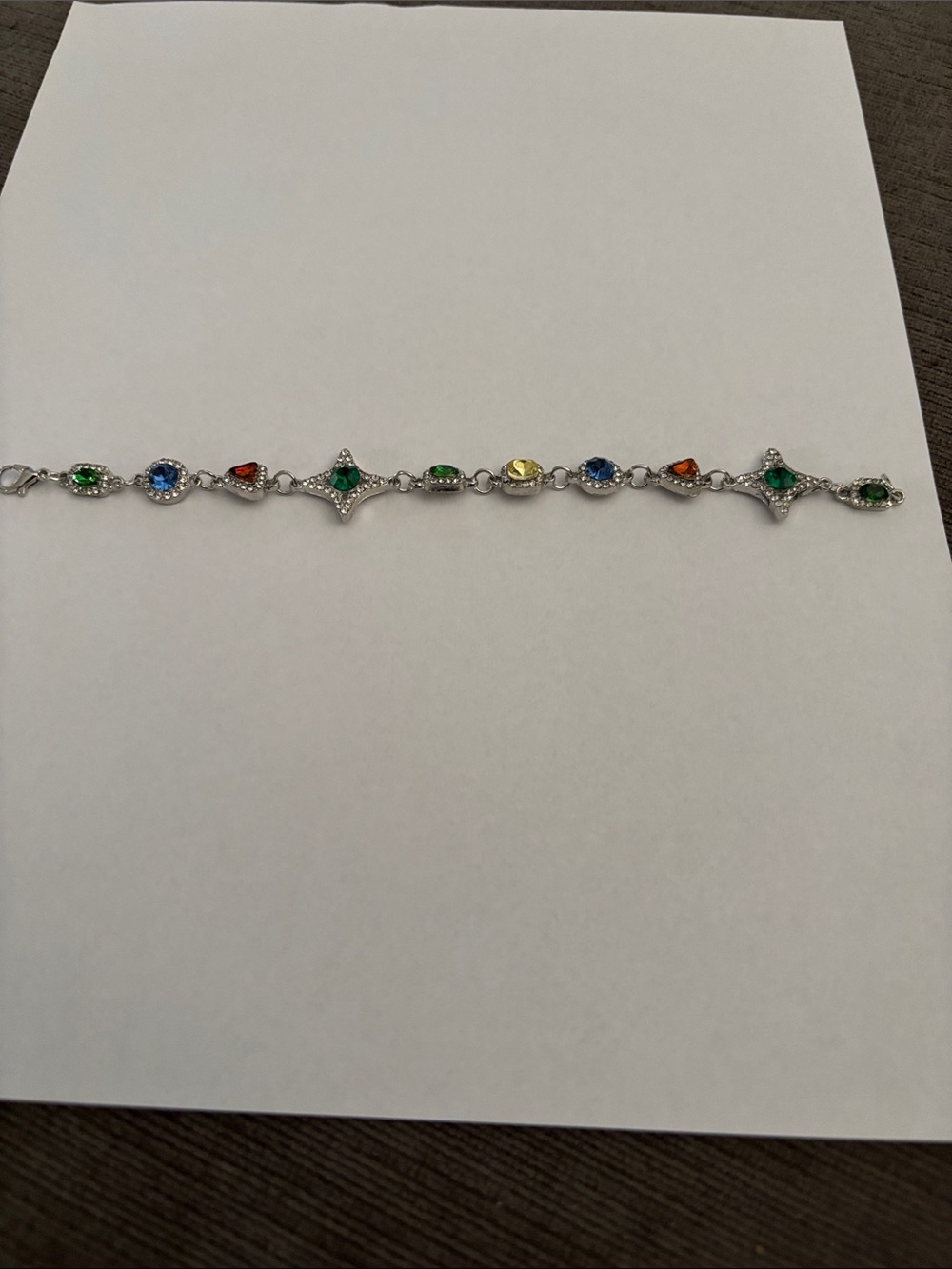 Sterling-Style Multicolor Crystal Bracelet - Green, Blue, Yellow & Orange 7 inch